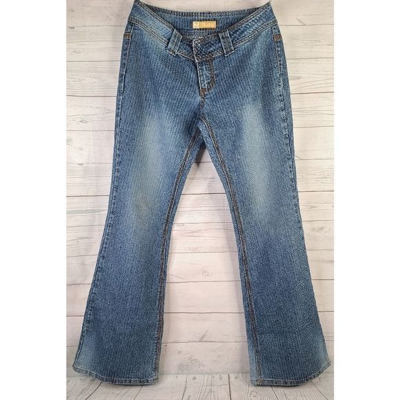 JouJou 9 10 Flare Jeans Blue Medium Wash Distressed Striped Denim - Picture 1 of 10
